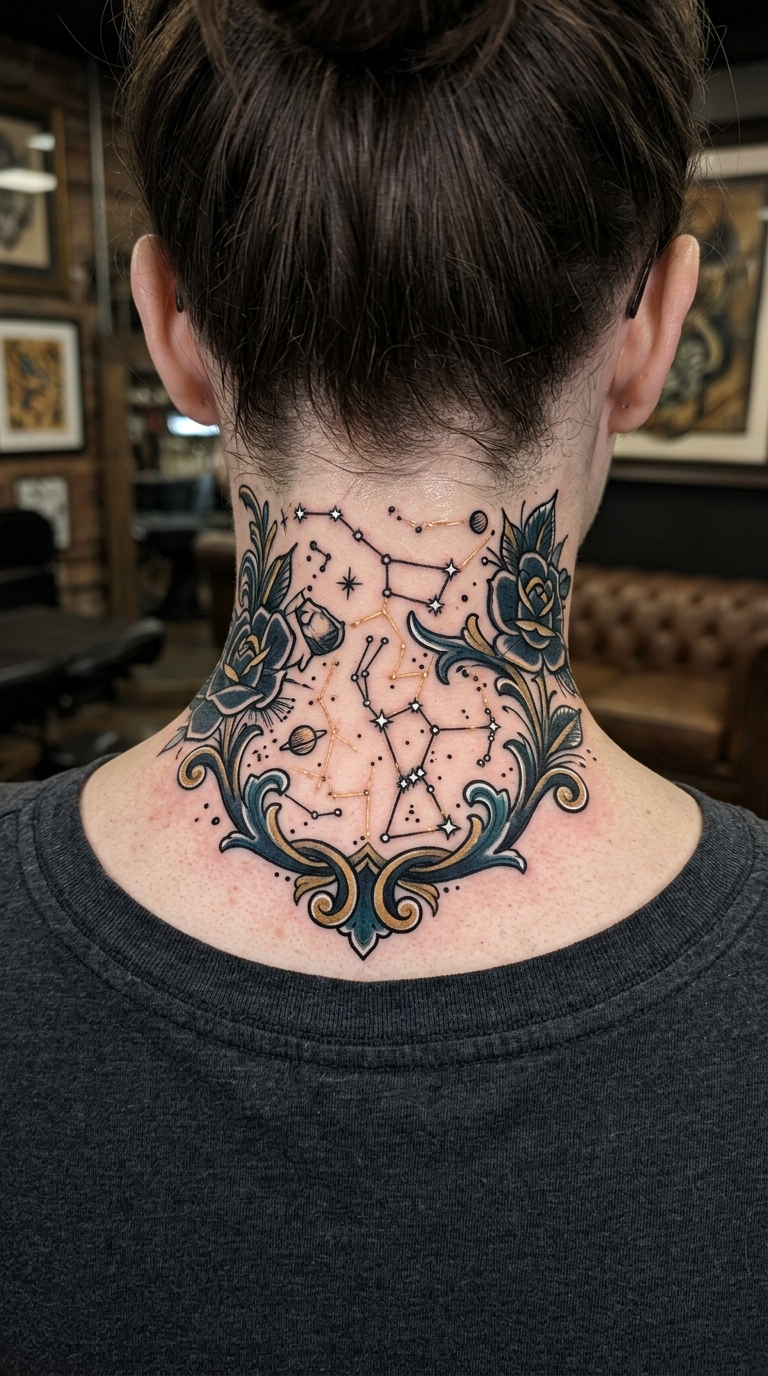 Sternenkarte als Neo Traditional Tattoo für den Nacken