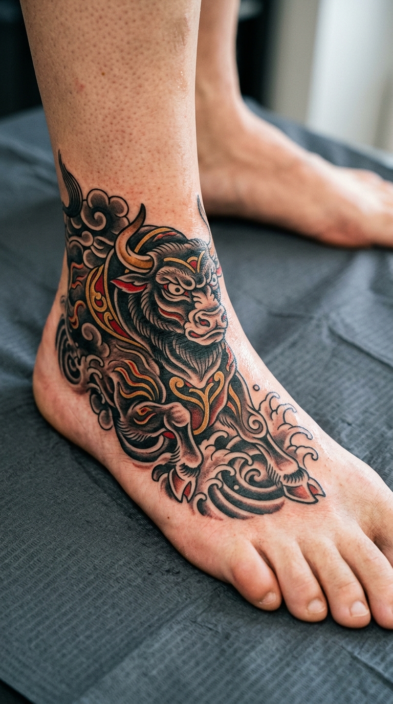 Stier im japanischen Stil als Tattoo Idee für den Fuß