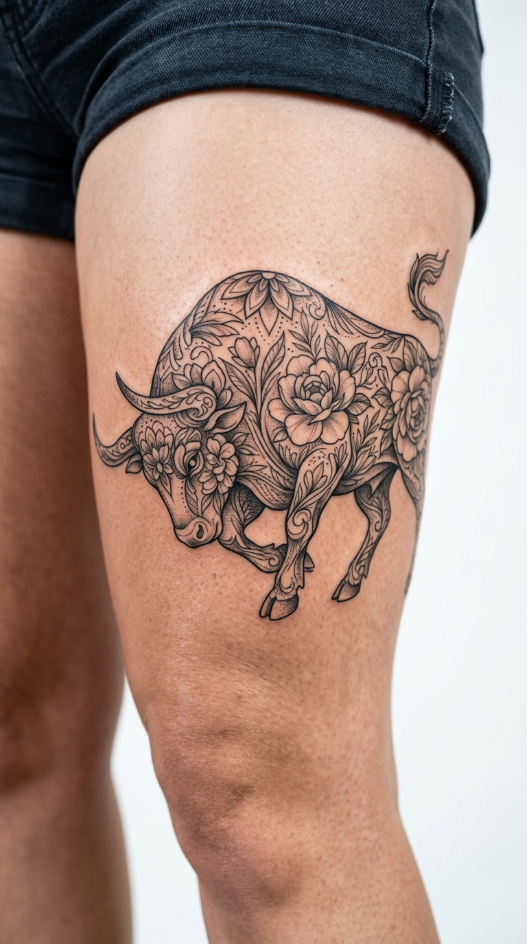 Stier mit Blumen Tattoo Idee für das Bein