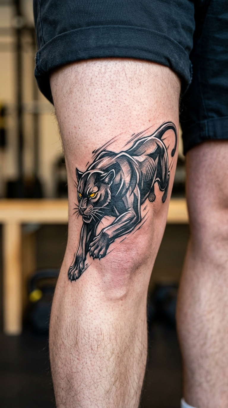 Stilisierter Panther als Manga Tattoo für die Kniekehle
