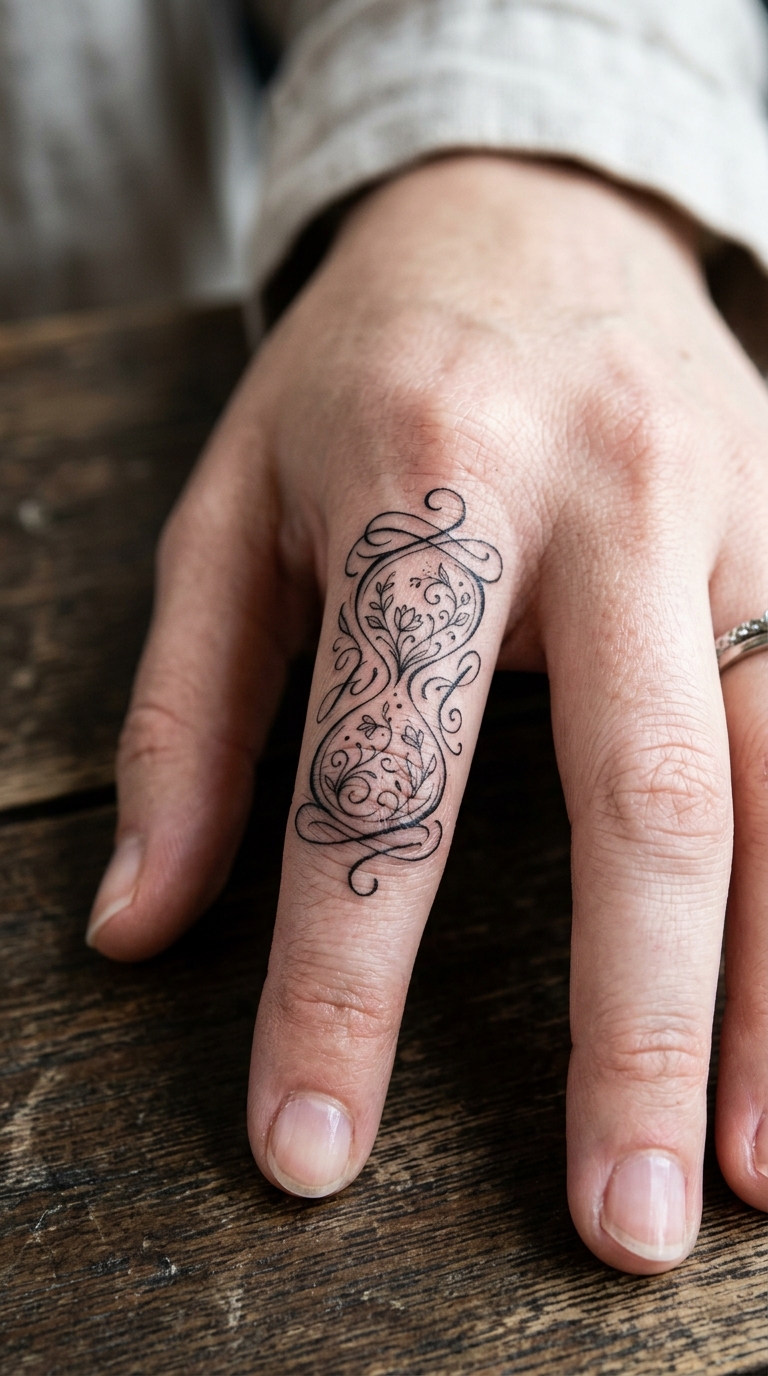 Stundenglas mit Blüten als Schrift Tattoo für den Finger