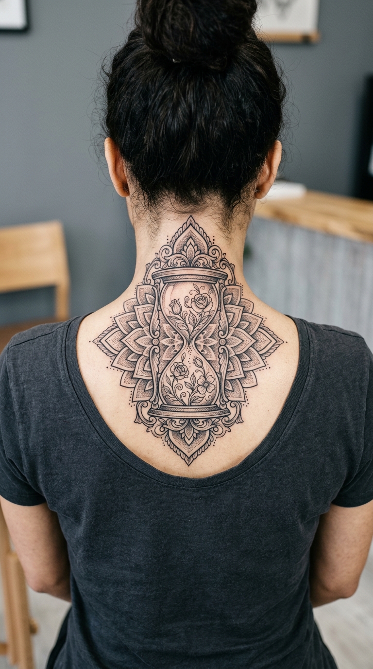 Stundenglas mit Blumen als Mandala Tattoo Idee für den Nacken