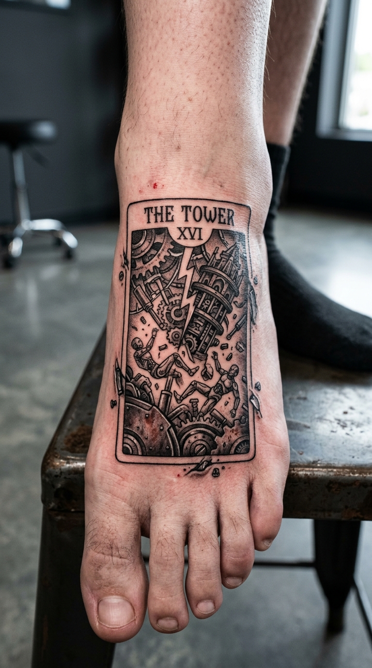 Tarotkarte als biomechanisches Tattoo für den Fuß