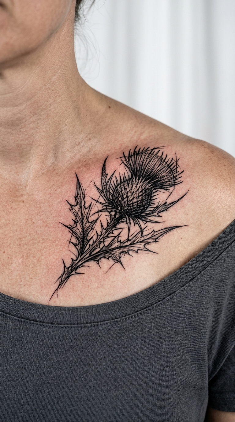 Tattoo Idee mit Distelblüte für das Schlüsselbein