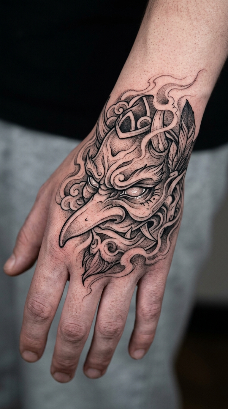 Tengu Dämon als mystisches Fantasy Tattoo für die Hand