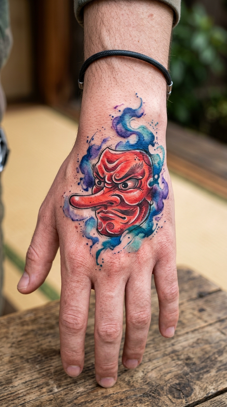 Tengu Maske als Aquarell Tattoo für die Hand