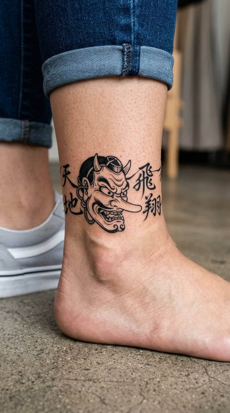 Tengu Maske als Schrift Tattoo Idee für den Knöchel