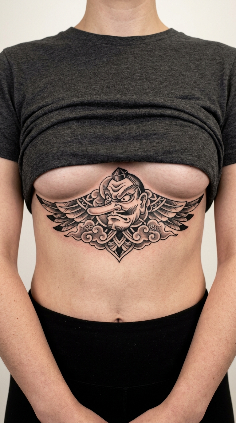 Tengu Rabe als ausgefallene Tattoo Idee für das Underboob