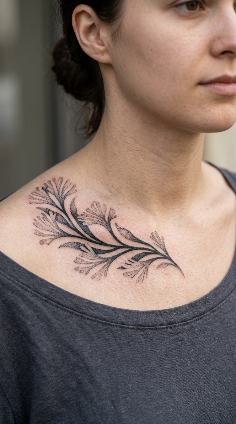 Tiefseepflanze als Dotwork Tattoo Idee für das Schlüsselbein
