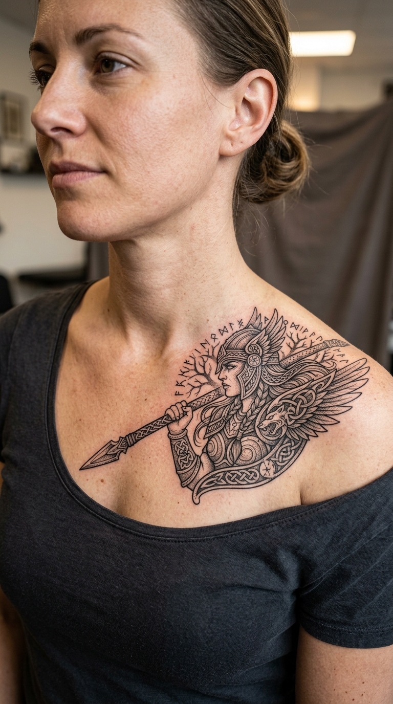 Valkyrie mit Speer als Wikinger und Celtic Tattoo für das Schlüsselbein