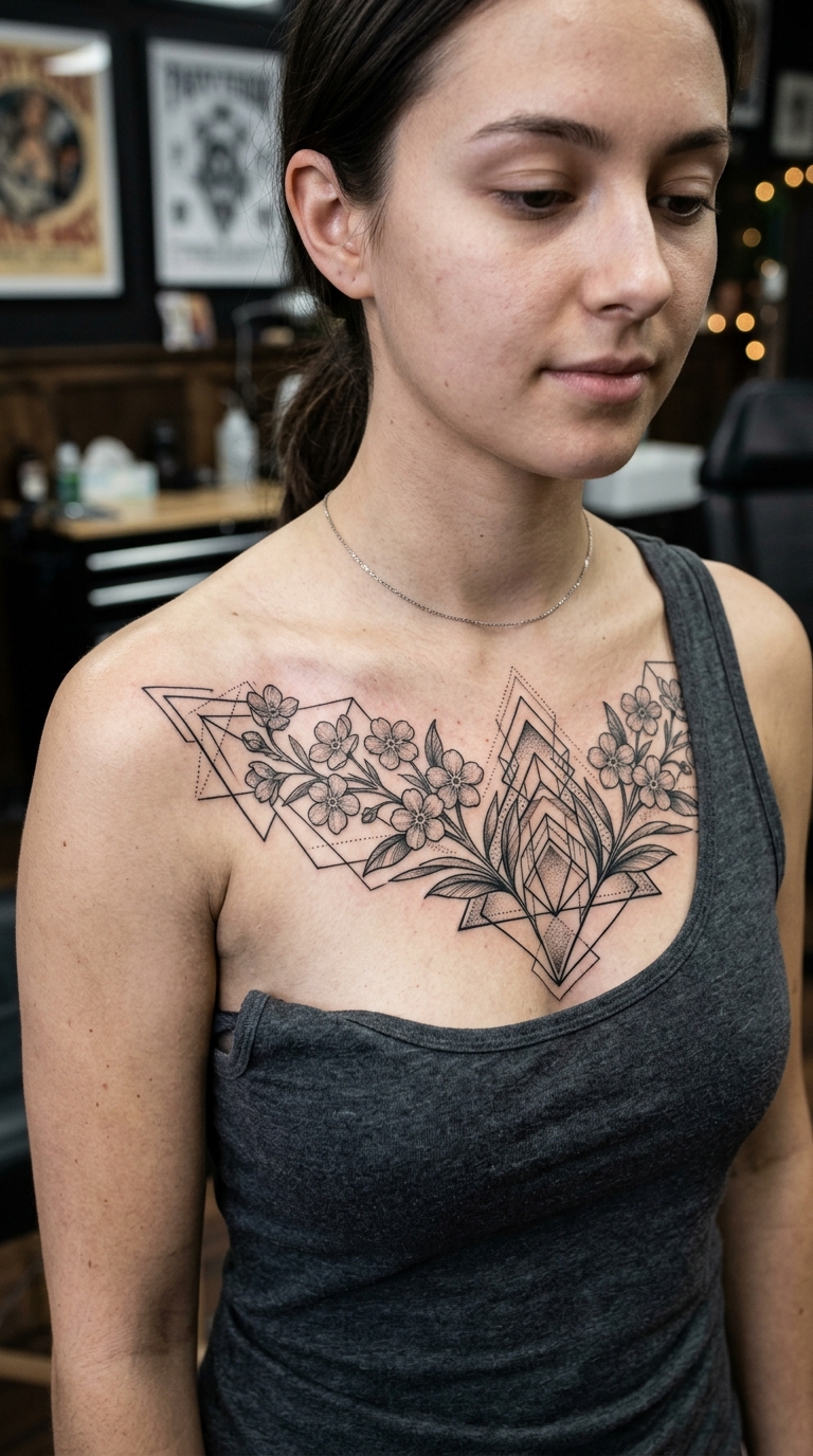 Vergissmeinnicht als geometrisches Tattoo für Brust & Oberkörper