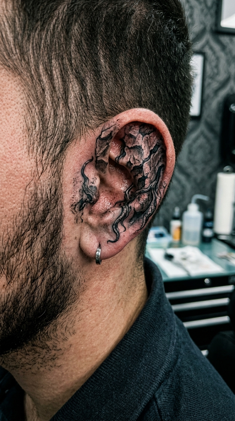 Verwitterter Fels als Horror Tattoo für das Ohr