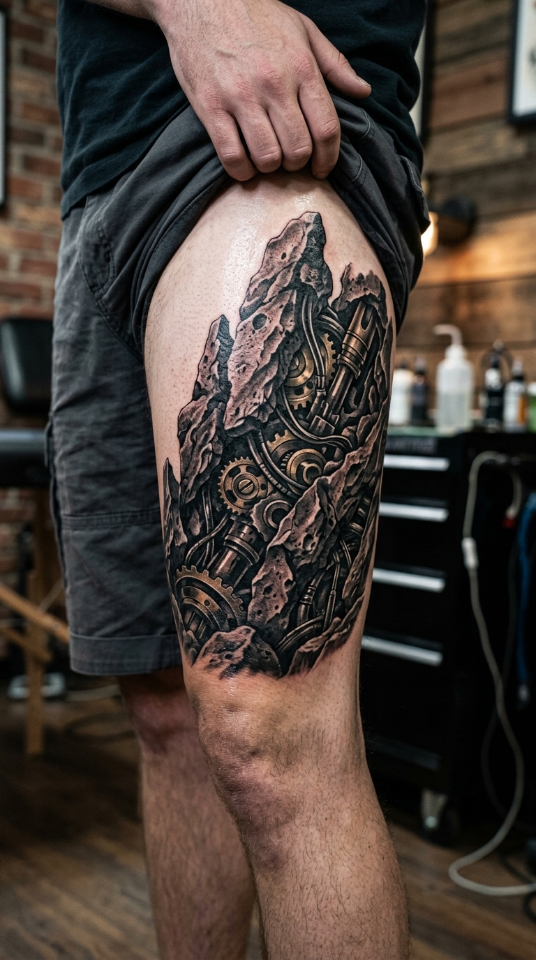 Verwitterter Fels mit Maschinenelementen Tattoo Idee für den Oberschenkel