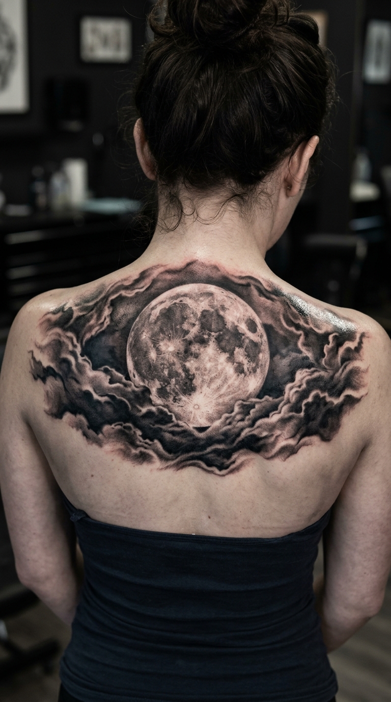 Vollmond hinter Wolken als Realistic Tattoo für den Rücken