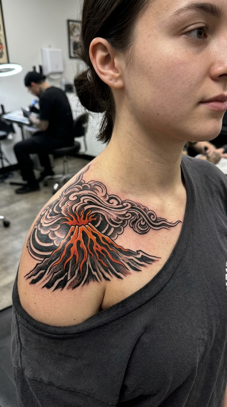 Vulkanausbruch als japanisch gestaltetes Tattoo für das Schlüsselbein