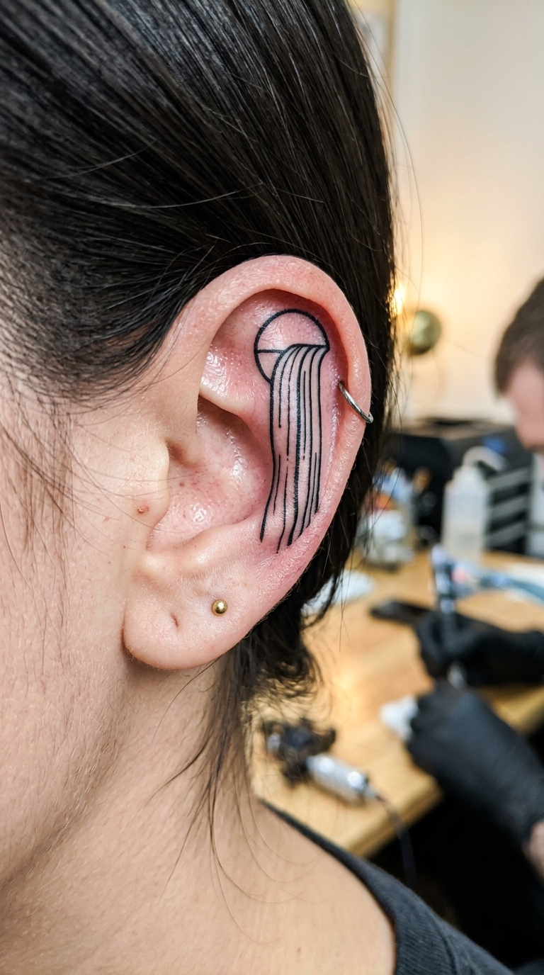 Wasserfall als grafisches Symbol Tattoo für das Ohr