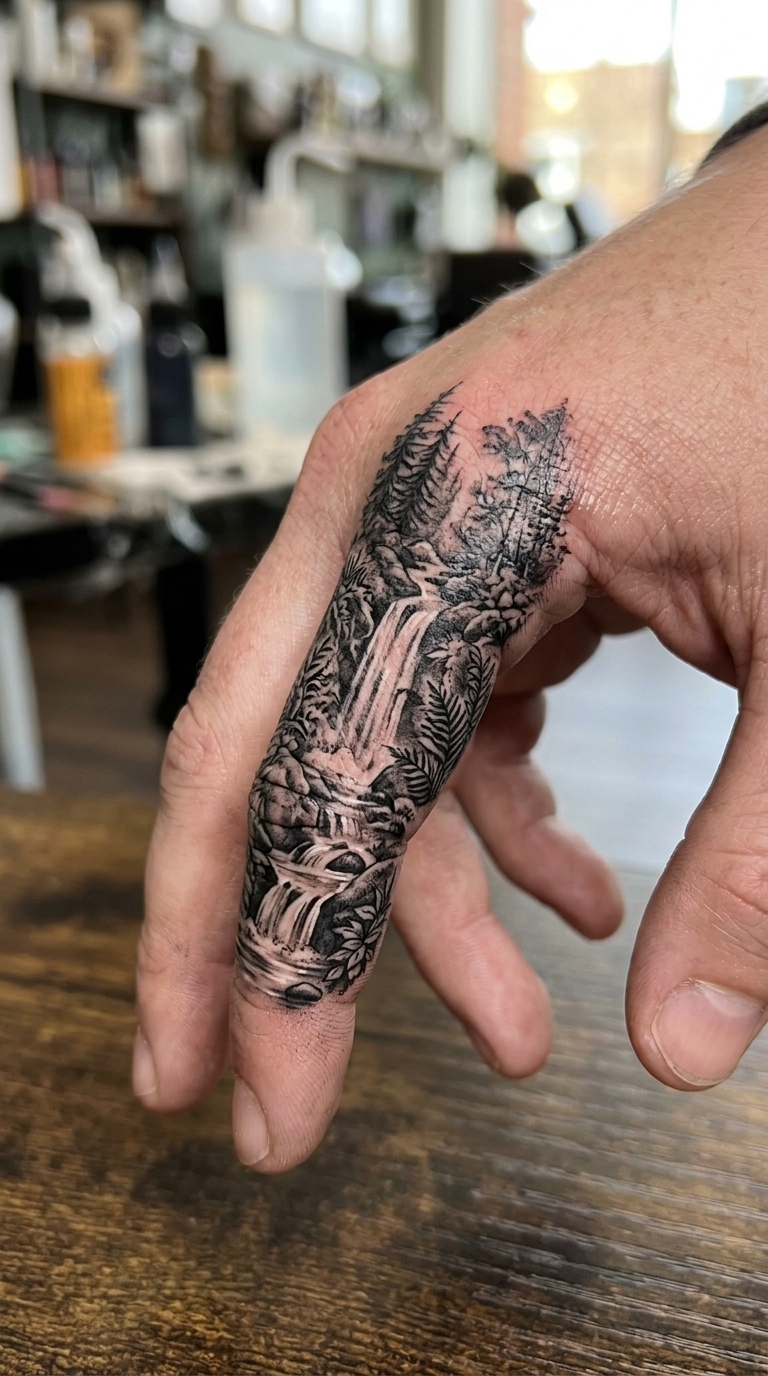 Wasserfall im Wald als Cover up Tattoo Idee für den Finger