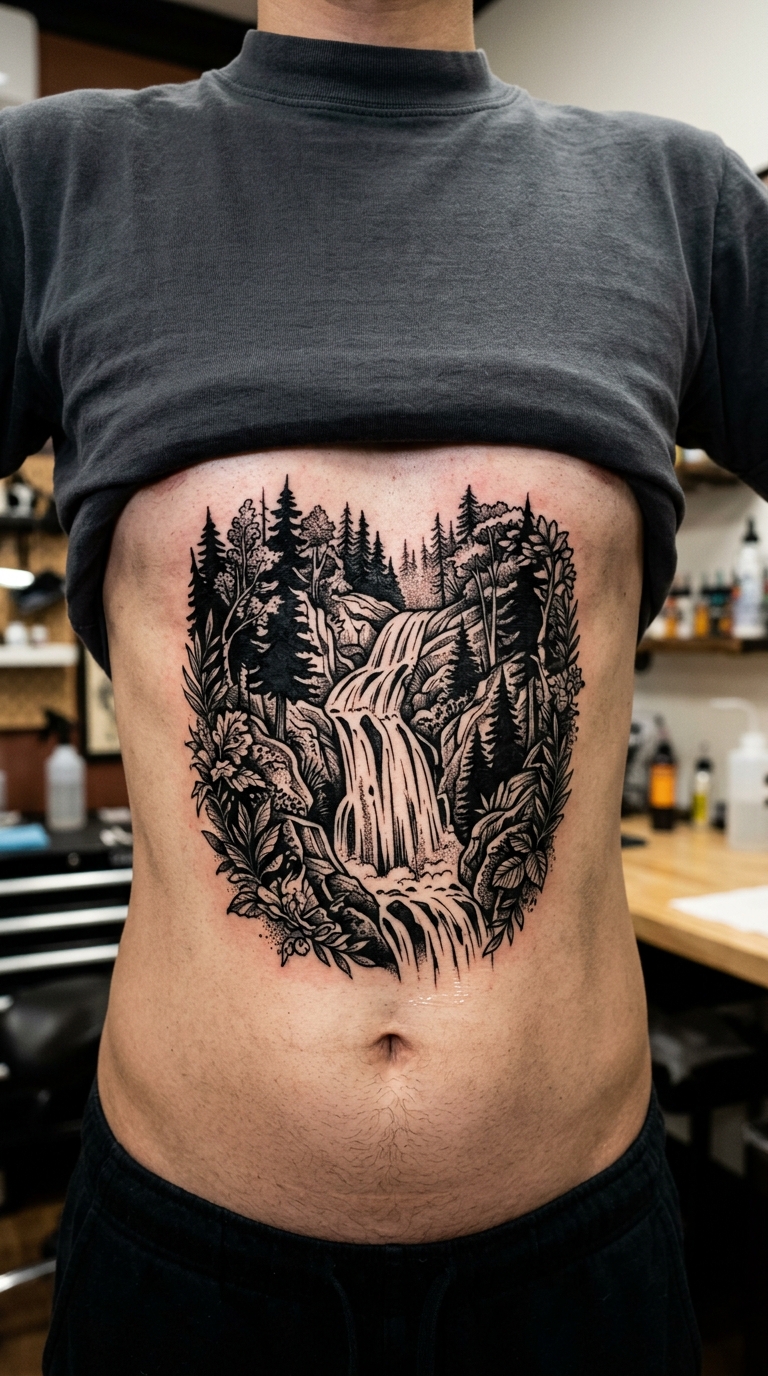 Wasserfall Wald Motiv als Blackwork Tattoo auf dem Bauch