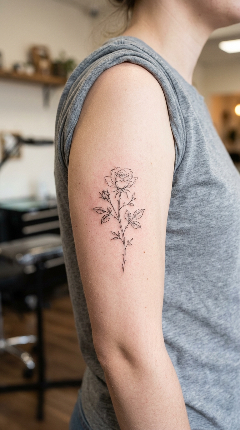 Wildrose als filigranes Fineline Tattoo für den Oberarm