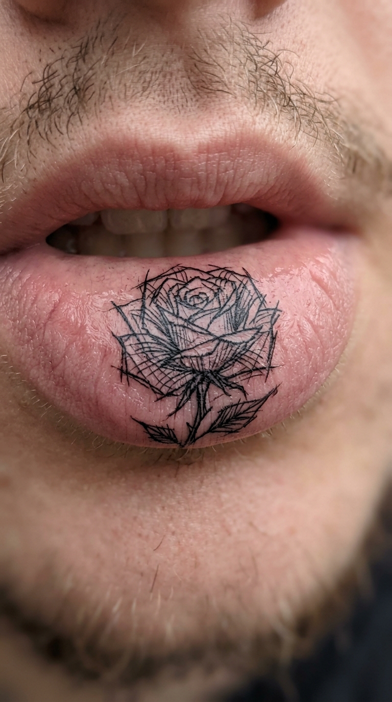 Wildrose als kreuz und quer Tattoo auf der Unterlippe