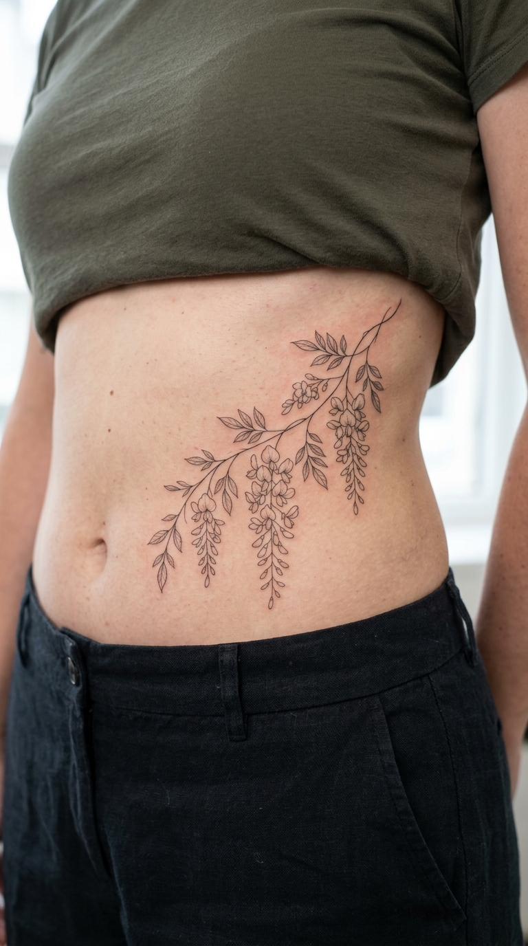 Wisteria Ranke als zarte Fineline Tattoo Idee für den Bauch