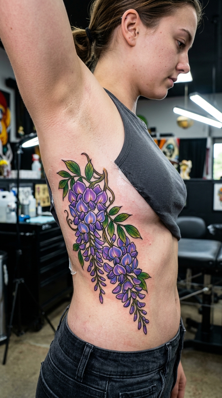 Wisteria Ranken als Oldschool und Newschool Tattoo für die Rippen