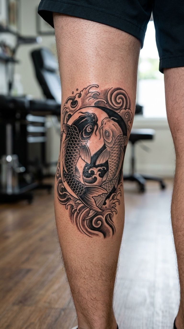 Yin Yang als japanisches Tattoo für die Kniekehle