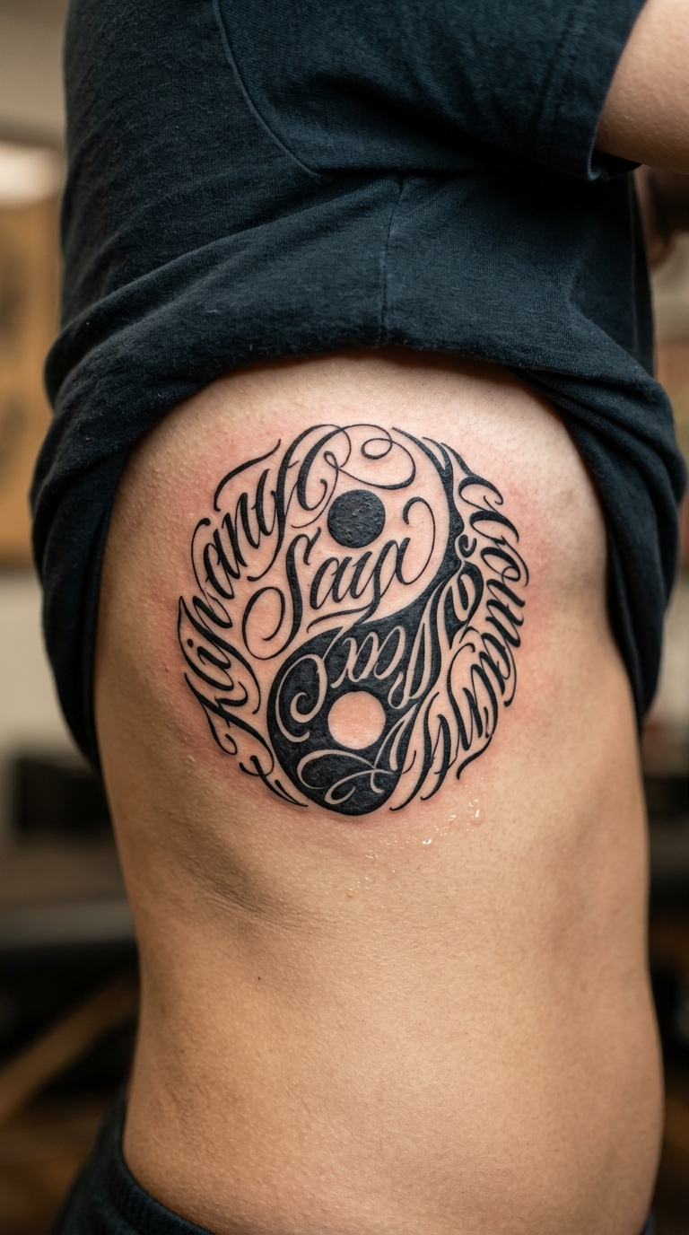 Yin Yang als organisches Schrift Tattoo für die Rippen