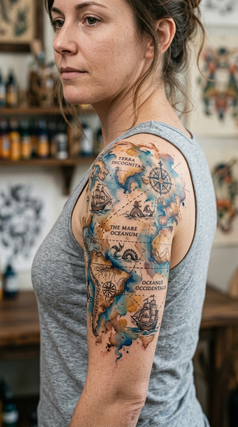 Alte Seekarte als Aquarell Tattoo für die Schulter