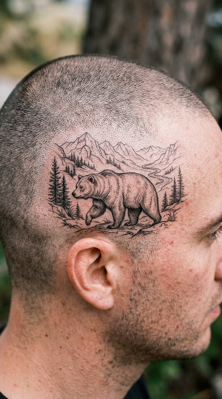 Bär im Fineline Stil Tattoo Idee für den Kopf