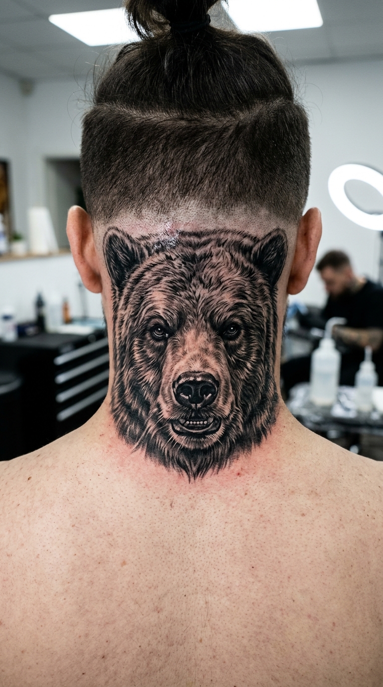 Bärenkopf als Realistic Tattoo für den Nacken