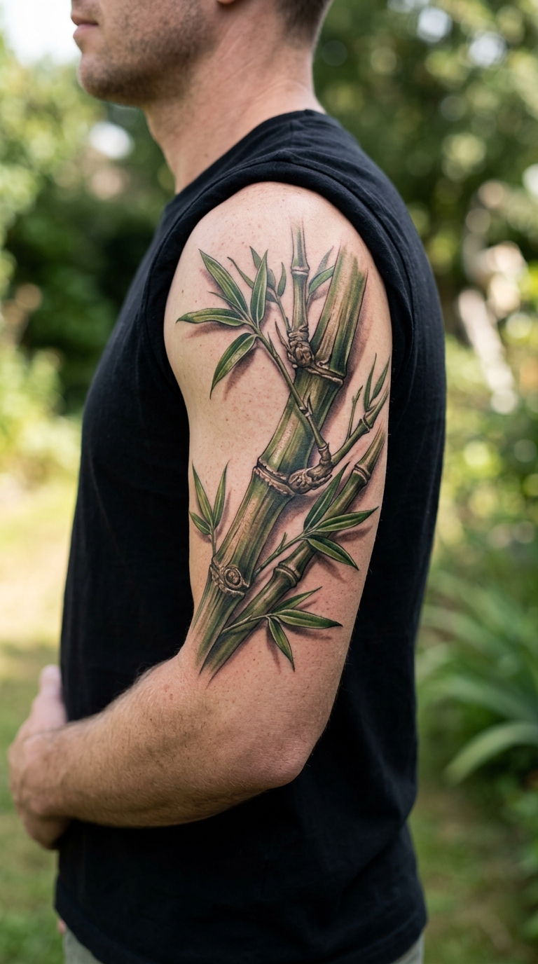 Bambus als 3D Tattoo Idee für den Oberarm