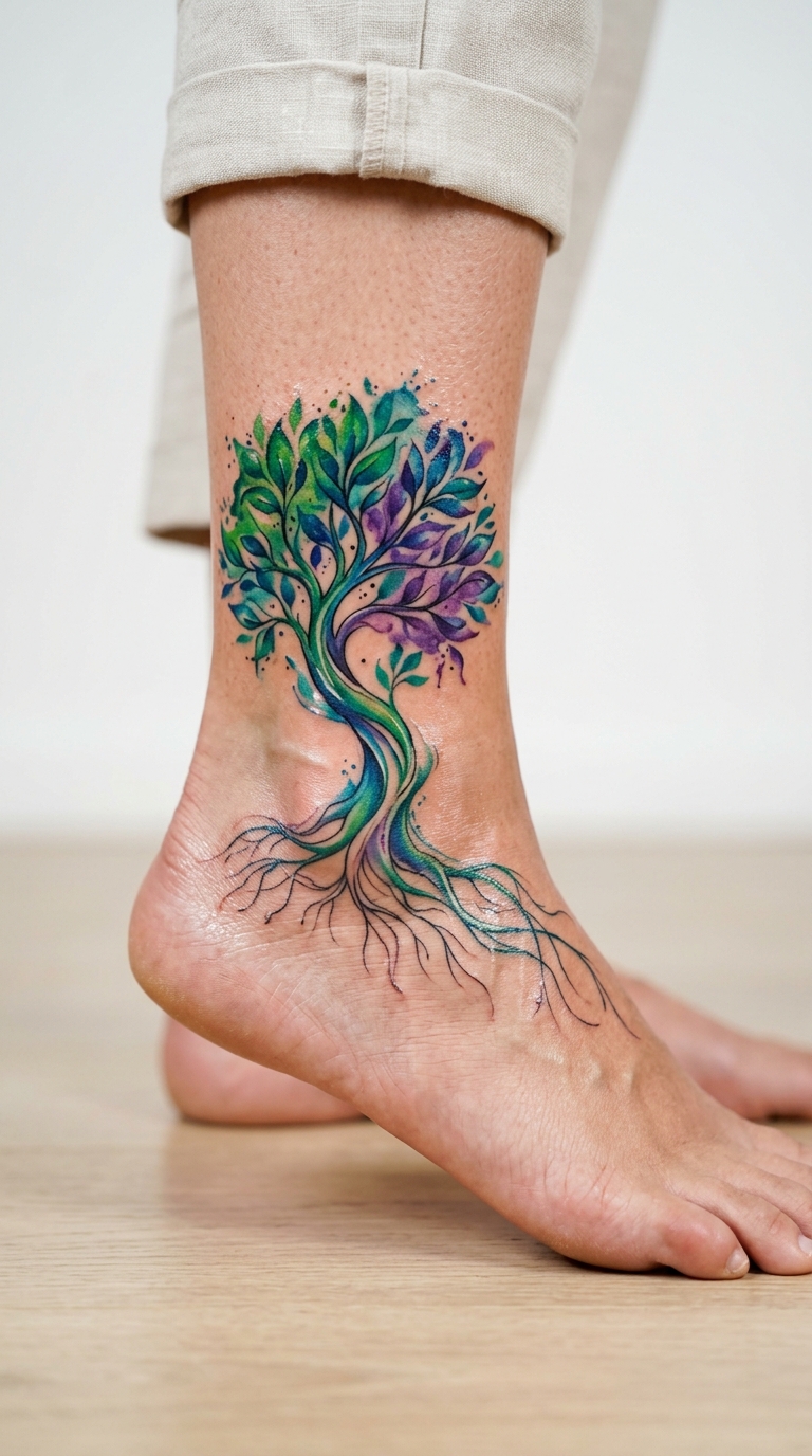 Baum des Lebens als lebendiges Aquarell Tattoo für den Knöchel
