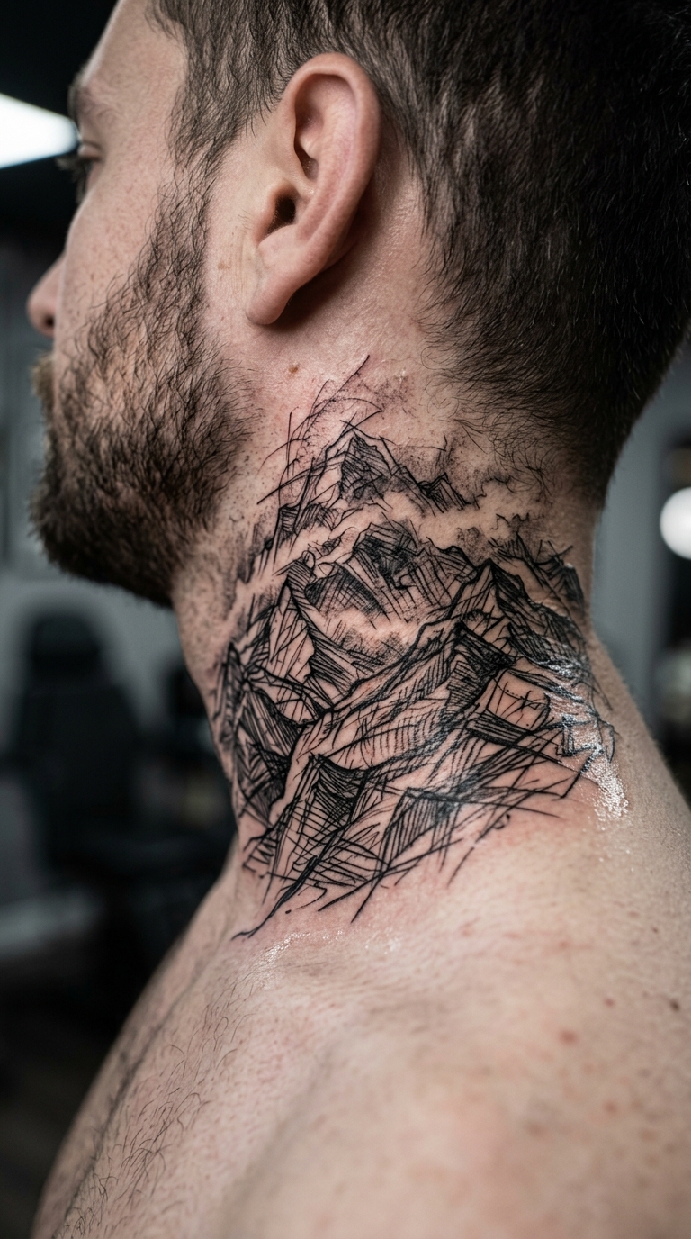 Bergkette im Nebel als kreuz und quer Tattoo auf dem Hals