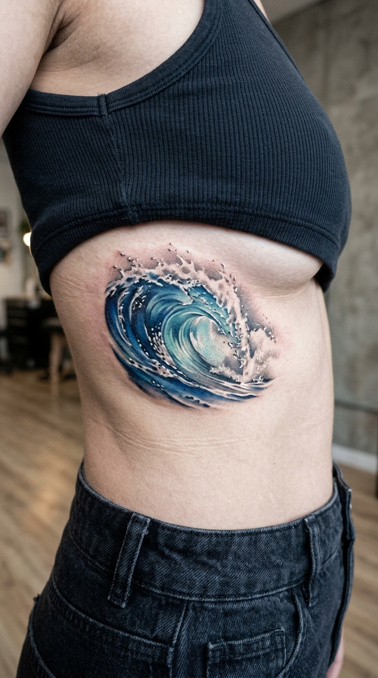 Brechende Wellen als 3D Tattoo Vorlage für den Underboob