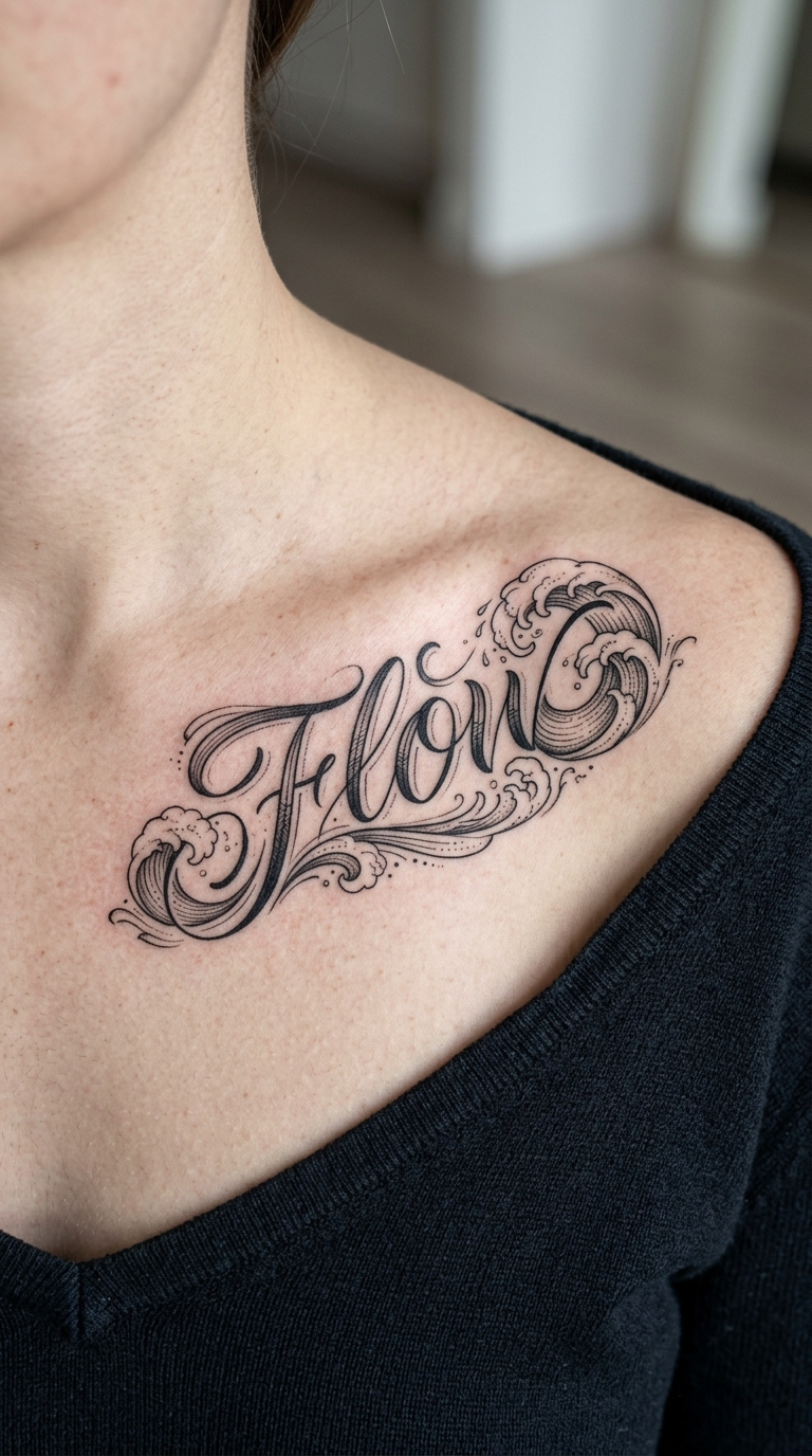Brechende Wellen als fließendes Schrift Tattoo für das Schlüsselbein