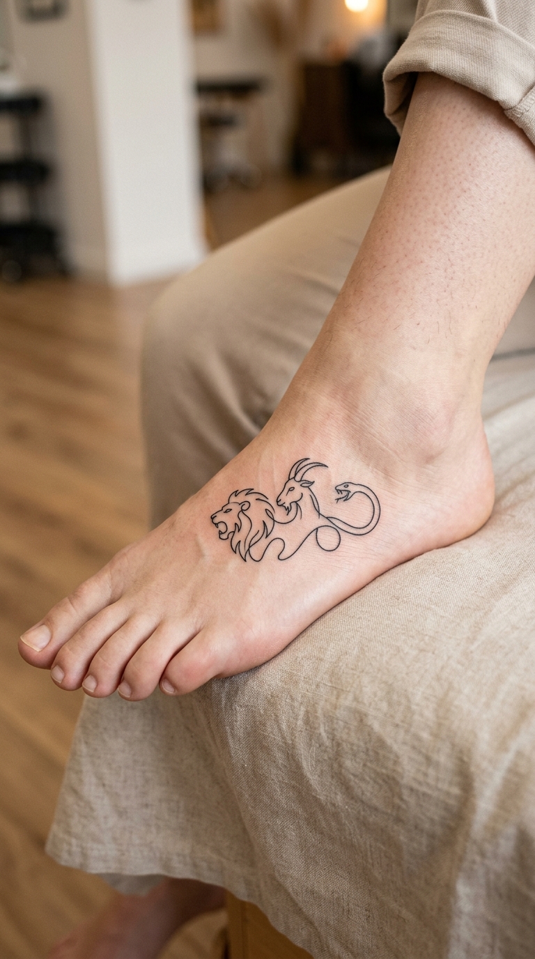 Chimäre als filigranes Tattoo für den Fuß