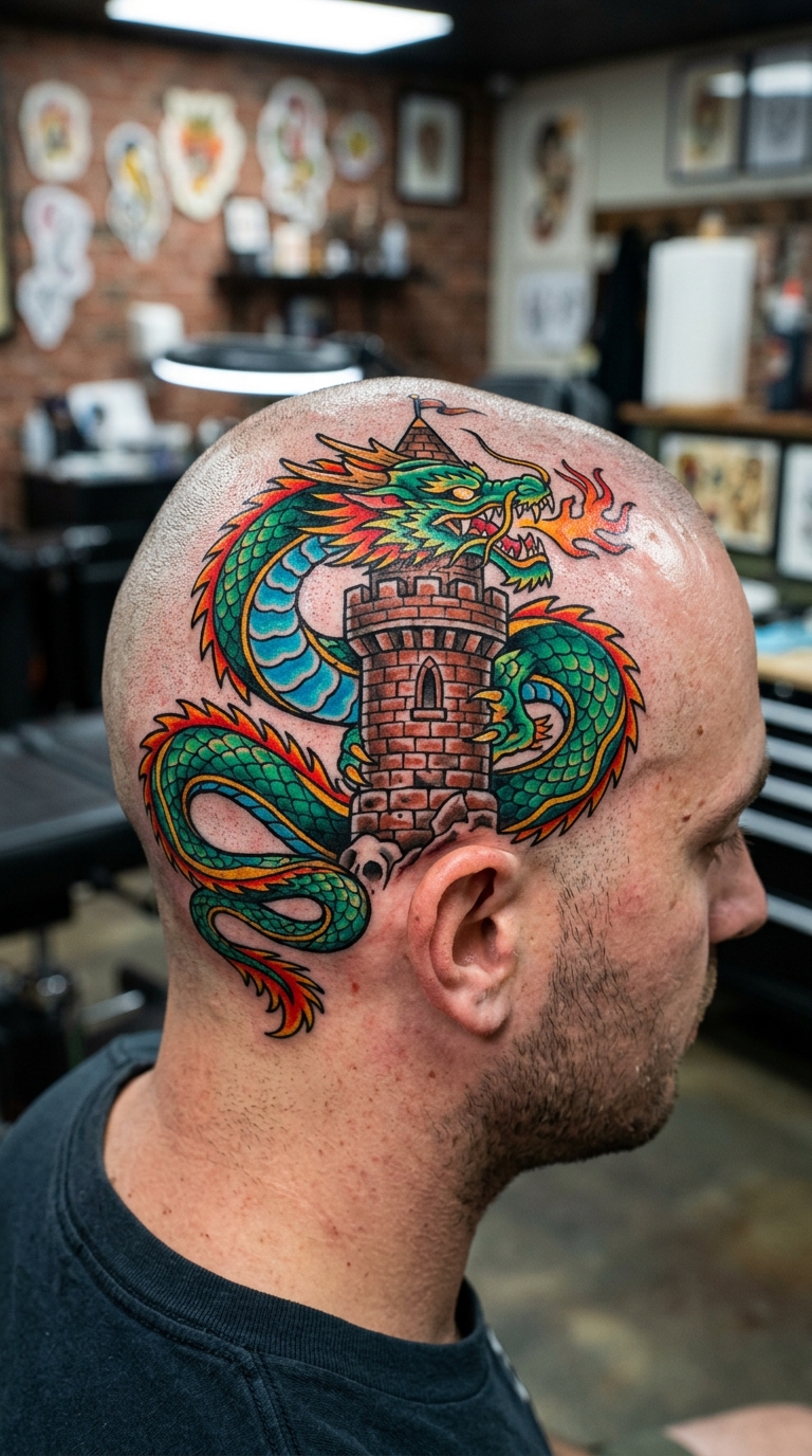 Drache um einen Turm als Oldschool und Newschool Tattoo für den Kopf