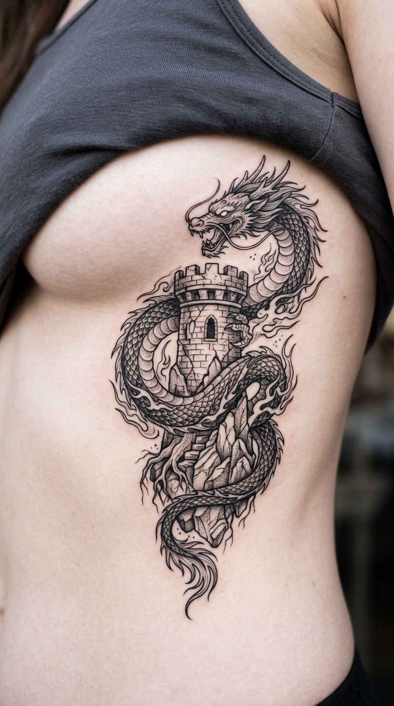Drache und Wachturm als mystisches Fantasy Tattoo für das Underboob