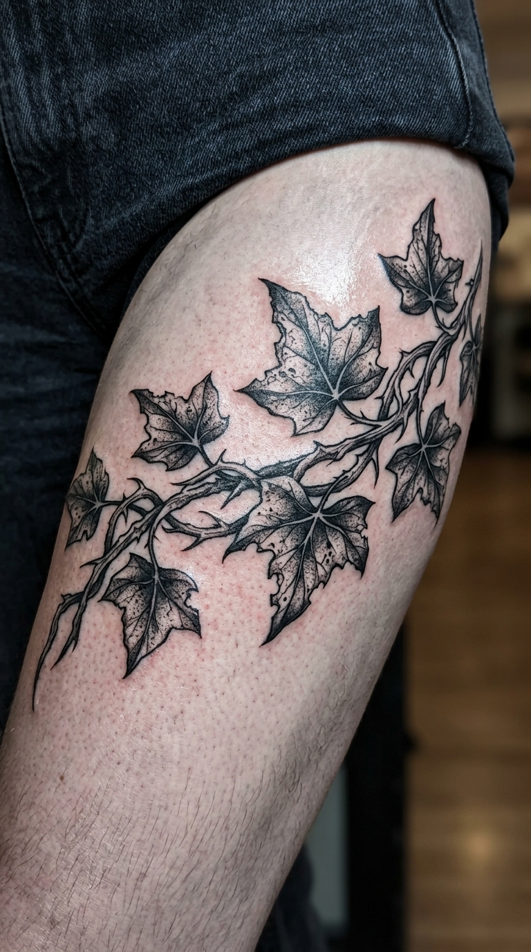 Efeuranke als düsteres Horror Tattoo für den Oberschenkel
