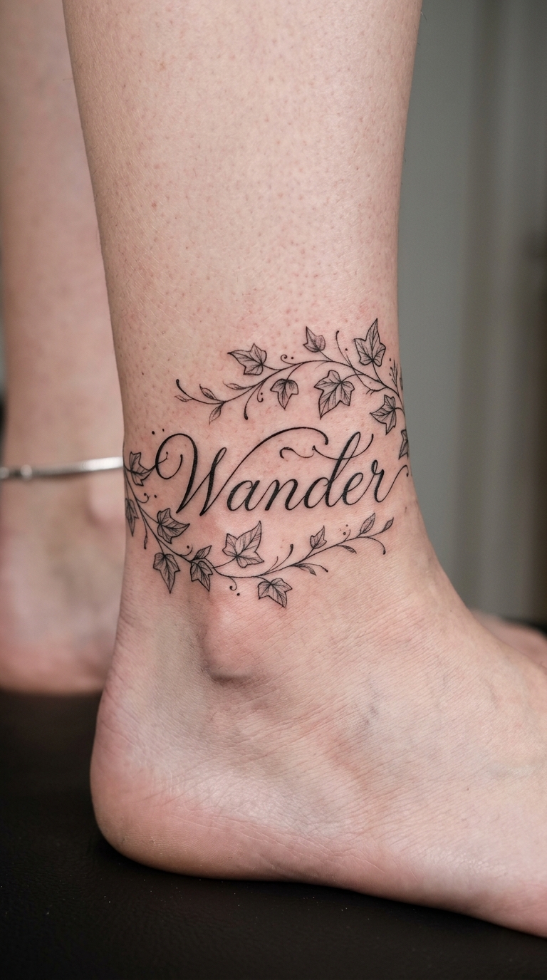 Efeuranke als filigranes Schrift Tattoo Idee für den Knöchel