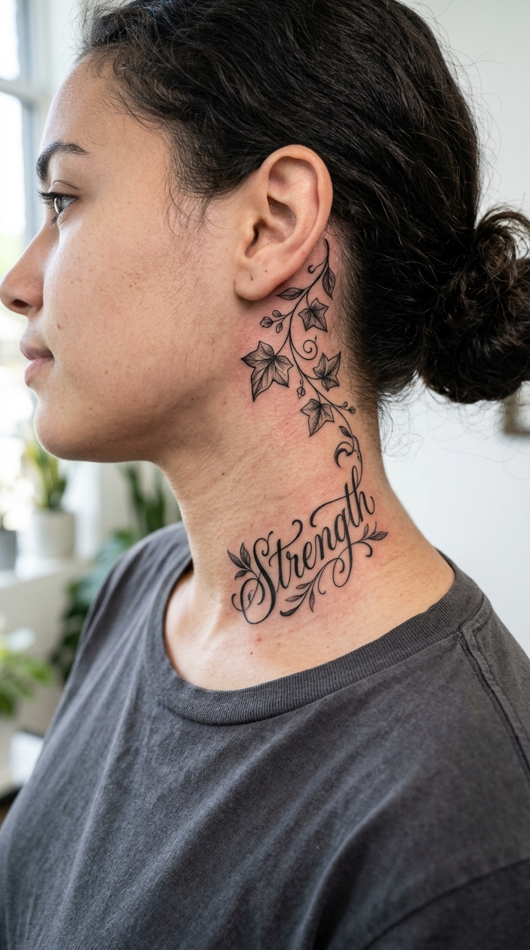 Efeuranke als geschwungenes Schrift Tattoo für den Hals