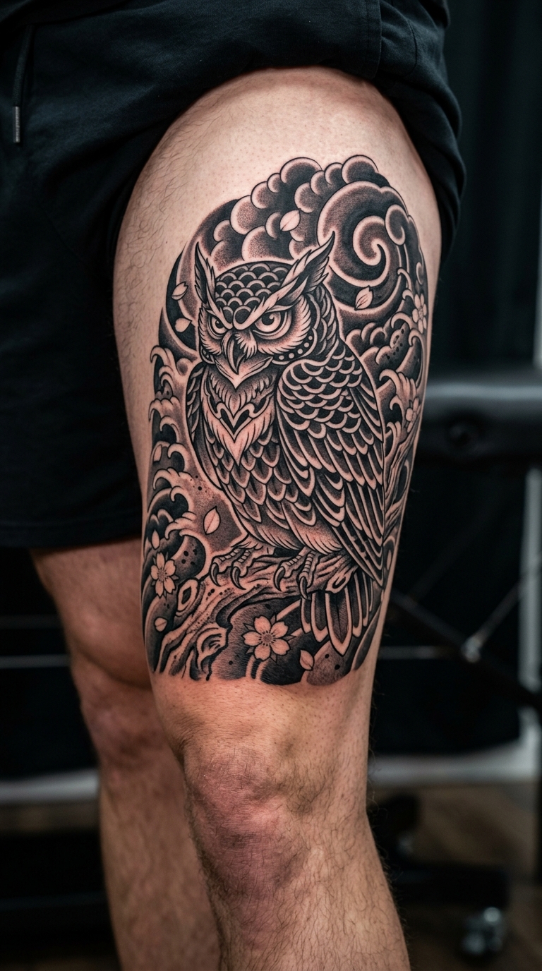 Eule auf Ast als Japanisch Tattoo Idee für den Oberschenkel