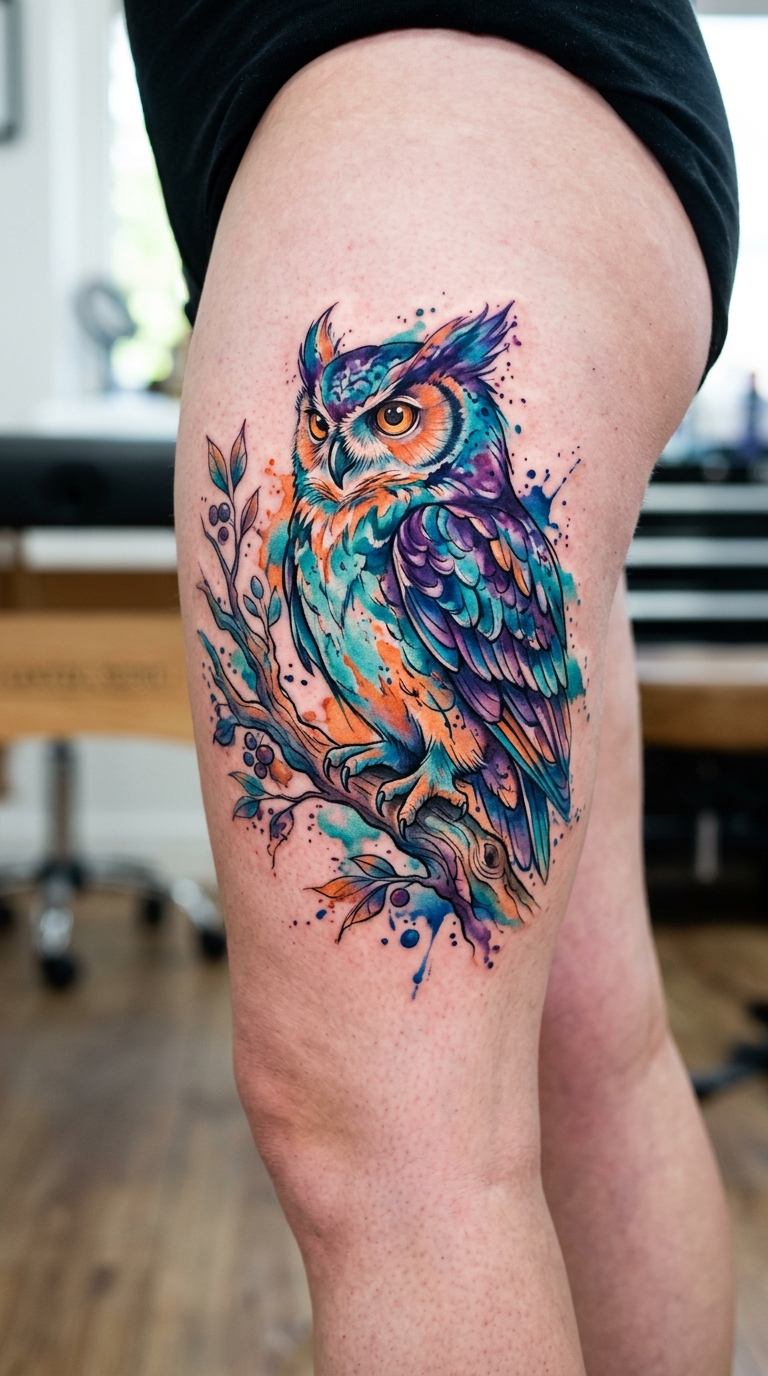 Eule auf einem Ast als Aquarell Tattoo für den Oberschenkel