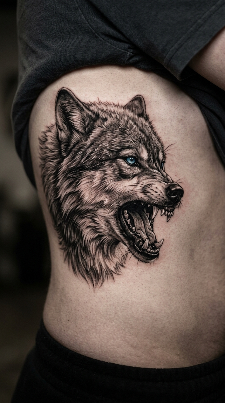 Fenrir der Wolfsgott als Realistic Tattoo für die Rippen