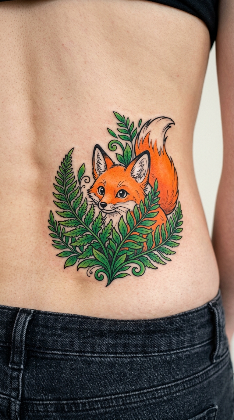 Fuchs zwischen Farnen als Anime Tattoo für das Steißbein