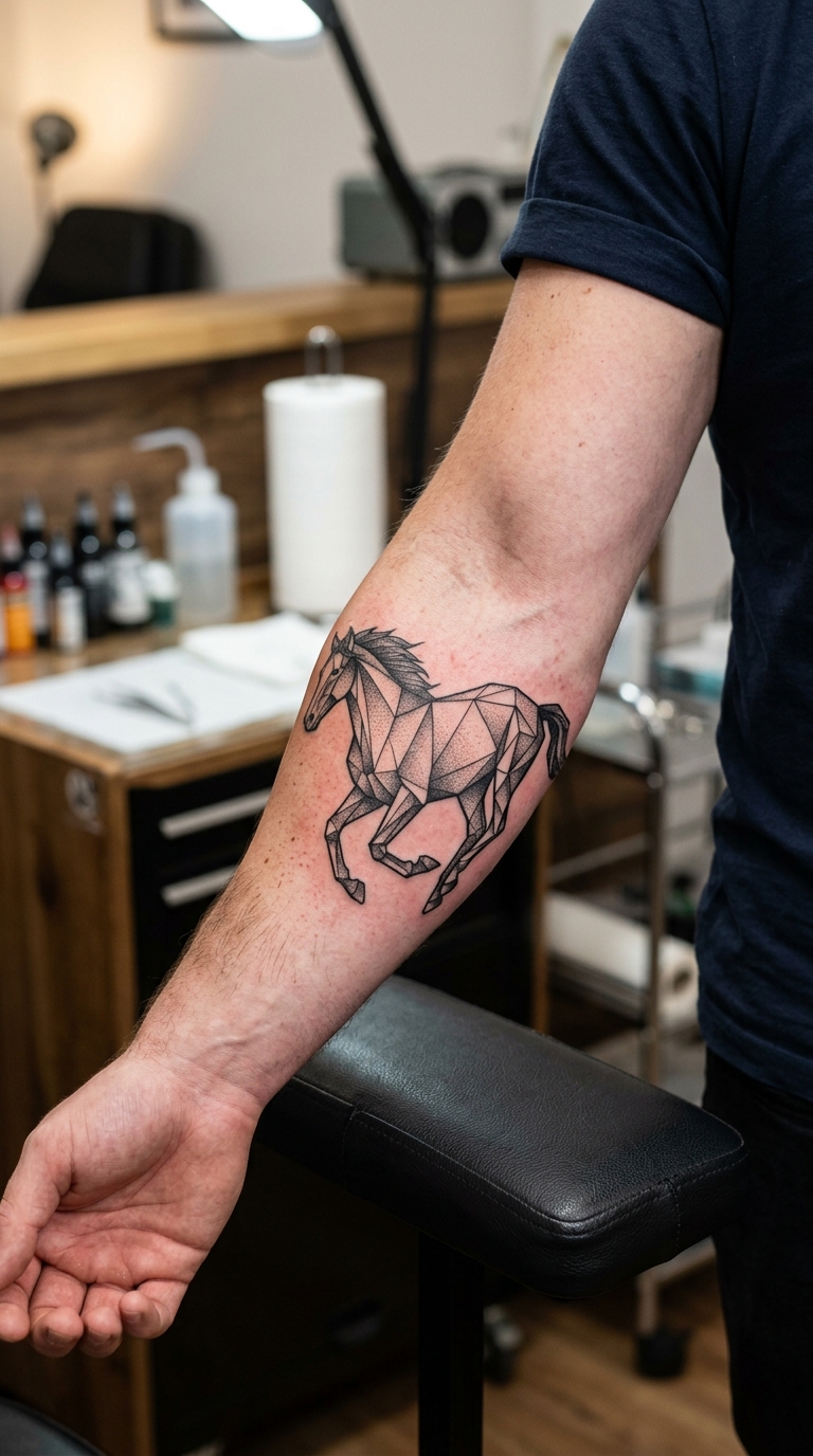 Geometrisches Tattoo mit galoppierendem Pferd für den Arm