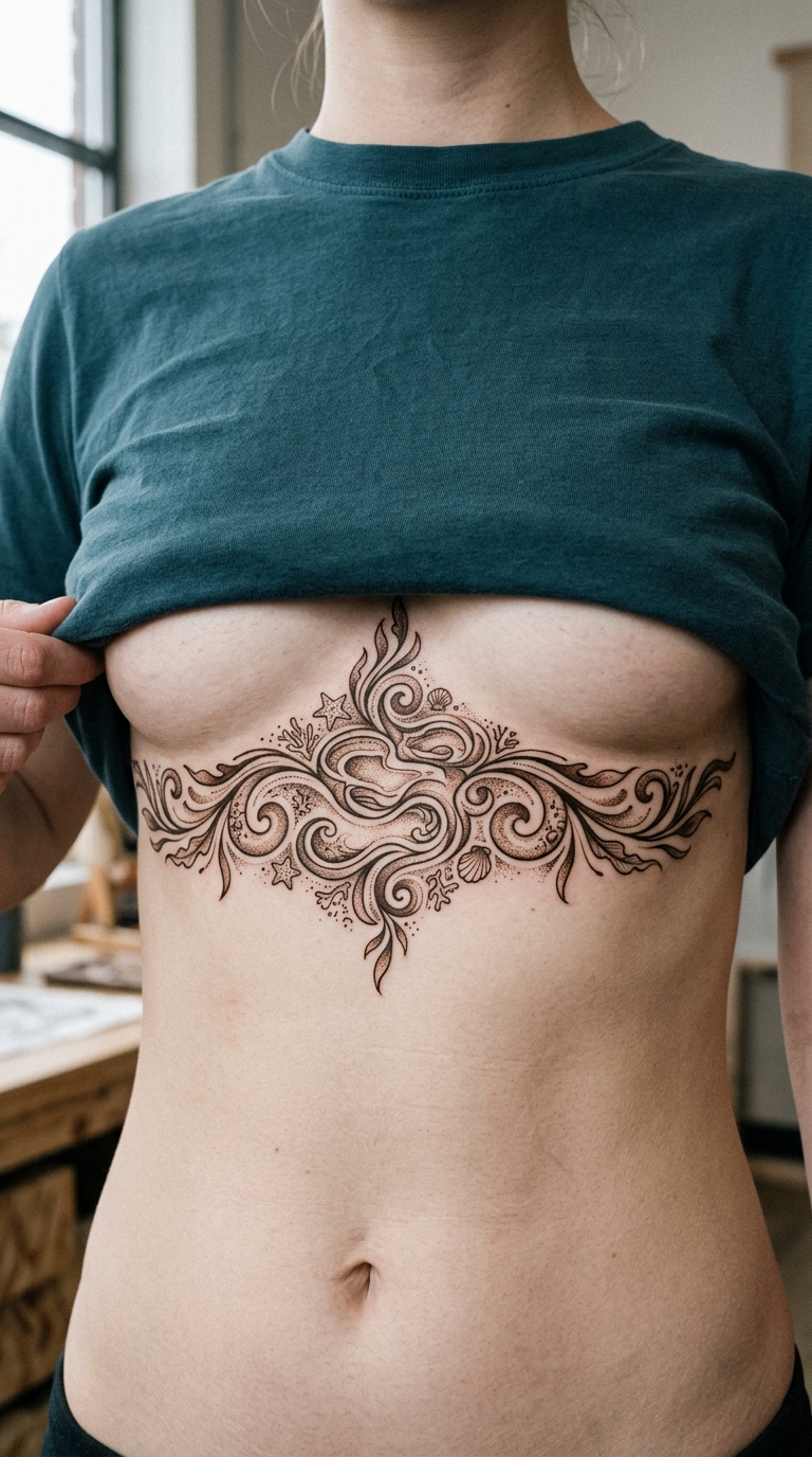 Gezeitentümpel als zartes Henna Tattoo für den Underboob