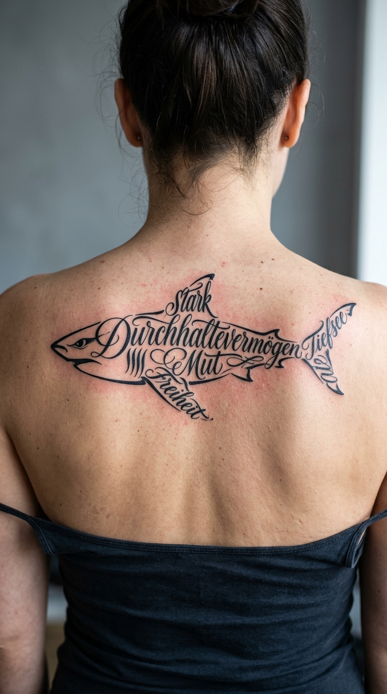 Hai im Tiefsee Design als Schrift Tattoo für den Rücken