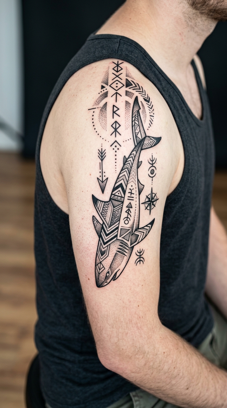 Hai in der Tiefsee als grafisches Zeichen Tattoo für die Schulter